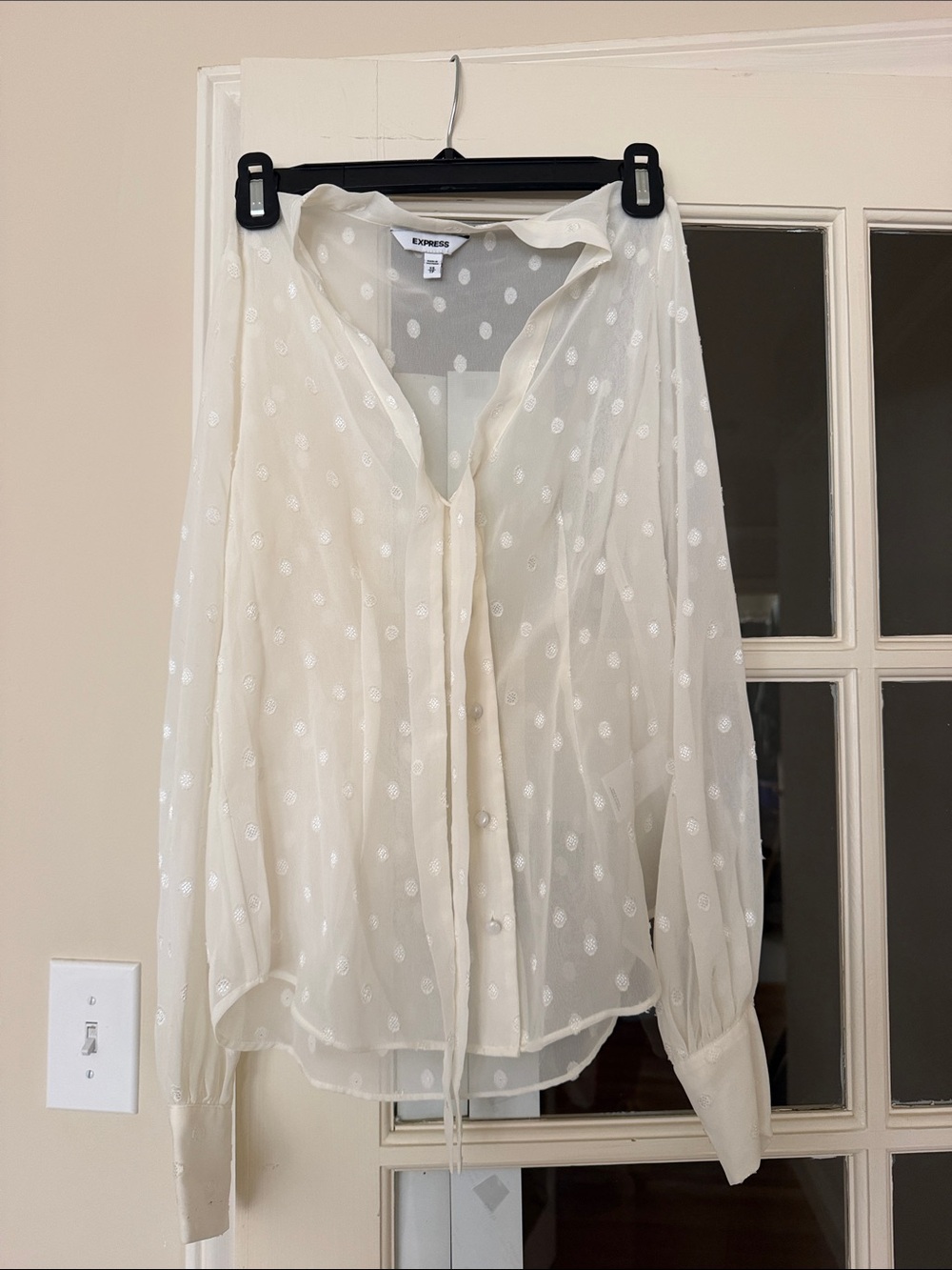Express Ivory Sheer Dot-Trim Button-Down Blouse